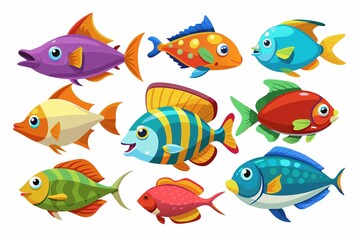 a set of several types of marine fish in a difference on a white background
