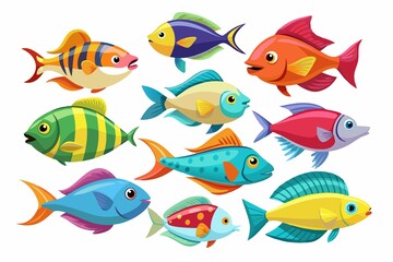 Naklejka premium a set of different species of marine life living in the sea, on a white background