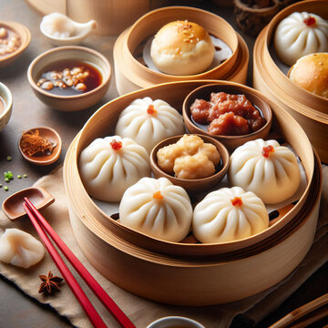 Chinese steamed pork shumai, steamed pork bun, sweet bun and dampling in bamboo steamer with red chopstick on table. Traditional Chinese dim sum food.
