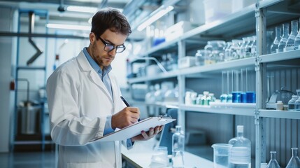 Scientist in a lab coat taking notes on a clipboard in a modern laboratory filled with scientific equipment and glassware. - Powered by Adobe