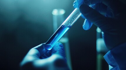 Scientist holding test tube with blue liquid, highlighting laboratory research and science experimentation in a controlled environment.