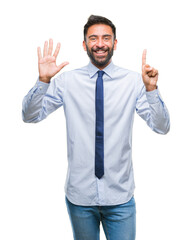 Adult hispanic business man over isolated background showing and pointing up with fingers number six while smiling confident and happy.