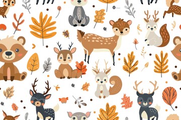 Delightful seamless pattern of forest animals such as bears, deer, and squirrels in a cartoon style. The 2D illustration is designed with a soft color palette, making it perfect for baby products,