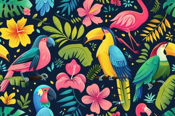 Obraz premium Seamless cartoon-style pattern featuring exotic birds such as parrots, toucans, and flamingos. The vibrant and playful 2D illustration is ideal for use in children's products, tropical-themed party