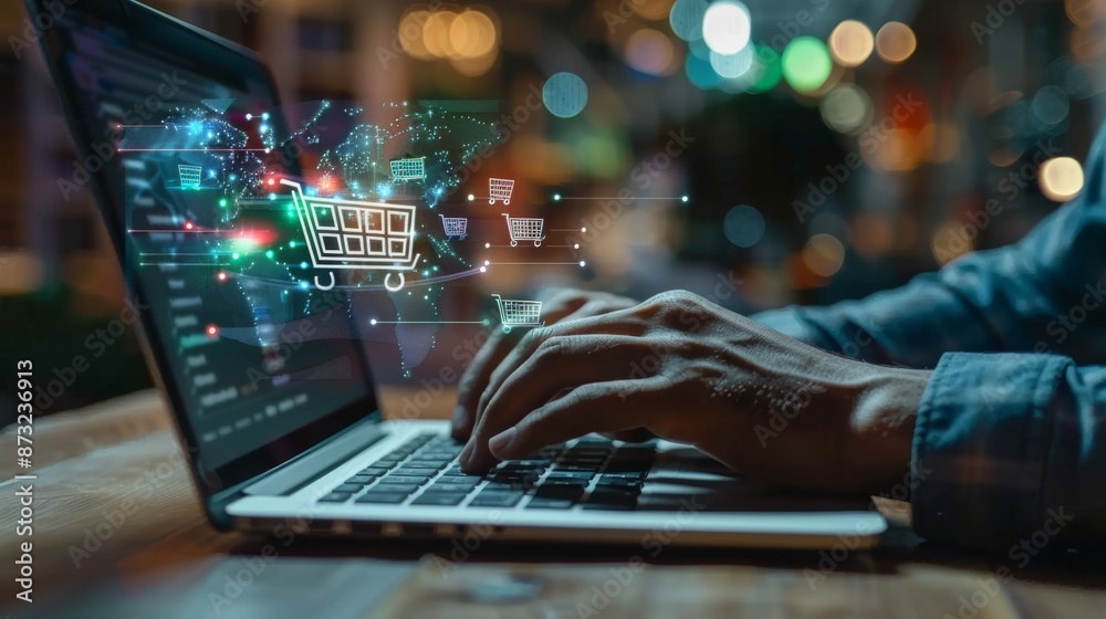 Poster E-commerce app development with AI and big data, developer typing on laptop