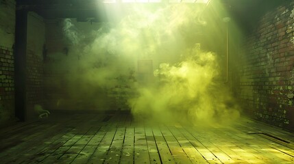 Gloomy basement room, worn-out brick walls, yellow and white sparks of fire, light on the wooden floor, heavy smoke, neon green lamps, minimalist colorful scene, ultra hd high quality image