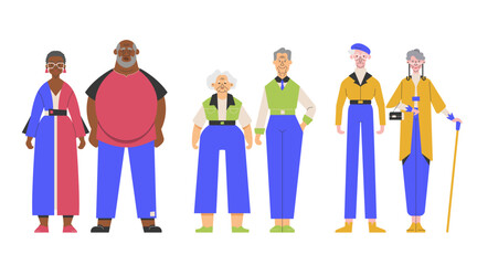 Elderly couples standing together, showcasing diversity and unity among senior citizens. The group includes men and women of different ethnicities, highlighting inclusivity and community spirit.