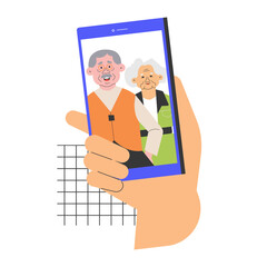 A person holding a smartphone with a photo of an elderly couple on the screen. The elderly couple is smiling and posing for a selfie, conveying a warm family connection and the use of technology.
