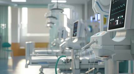 Modern hospital ward with advanced medical equipment, monitors, and patient beds. Bright and sterile healthcare environment.