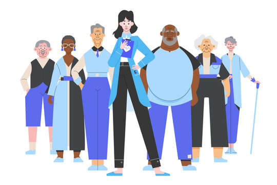 A diverse group of elderly people standing with a doctor, symbolizing healthcare support and medical care for senior citizens. Different ethnicities and genders. Vector flat illustration.