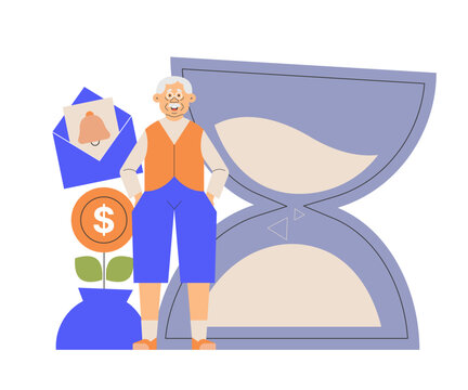 An elderly man stands confidently with his hands in his pockets. Financial and time-related symbols: an hourglass, a dollar coin, and a notification envelope. Retirement, savings, financial planning.