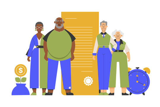 Illustration of elderly couples managing their pension and financial stability, symbolizing the importance of financial planning, savings, and investment for a secure and stable retirement.