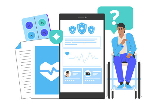 A man in a wheelchair using a medical app on a tablet surrounded by healthcare icons. Concept of accessible healthcare and digital health solutions. Vector flat illustration.