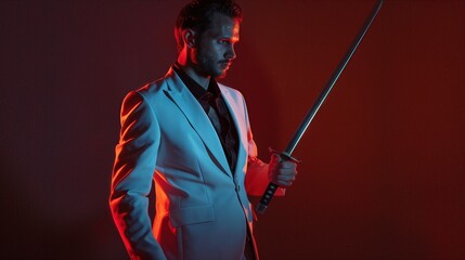 Naklejka premium Man in white suit holding a sword, illuminated by red and blue lights, exuding a powerful and dramatic atmosphere.