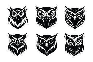 Versatile owl head silhouettes for logos, tattoos, wildlife art, and nature-themed designs. Perfect for branding, packaging, and educational materials. High-quality scalable vectors.