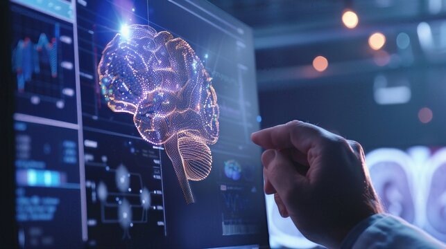 Innovative technology in neurosciences and artificial intelligence with a holographic brain model on a touchscreen in a research lab. - Powered by Adobe