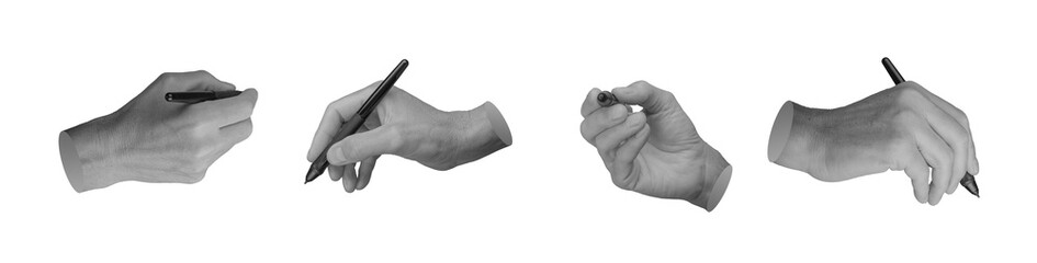 Hand holding pen, stylus for handwriting, drawing, set isolated on white background., transparent...