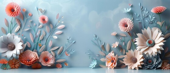 Paper art floral frame with pastel flowers and leaves.