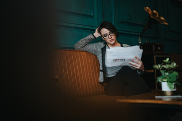 Professional woman reading papers and analyzing data in a modern office setting, highlighting...