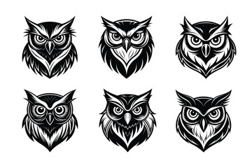 Versatile owl head silhouettes for logos, tattoos, wildlife art, and nature-themed designs. Perfect for branding, packaging, and educational materials. High-quality scalable vectors.