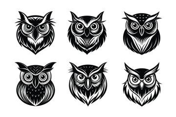 Versatile owl head silhouettes for logos, tattoos, wildlife art, and nature-themed designs. Perfect for branding, packaging, and educational materials. High-quality scalable vectors.