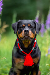 Beautiful purebred rottweiler in Red string (Kabbalah) posing outdoor with Bluebell (Campanula latifolia), blurred and calm green background, summer colors. 