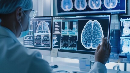 Doctor analyzing brain scans on multiple computer monitors, in a high-tech medical environment focusing on neurology and health care.