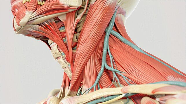 Detailed anatomical illustration of the neck muscles, veins, and arteries showing the complexity and structure of human anatomy.