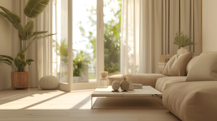 Elegant Sunlit Living Room with Indoor Plants and Cozy Sofa