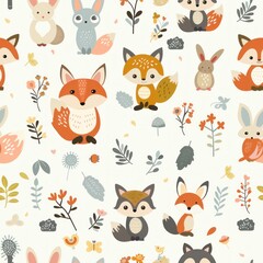 Obraz premium Adorable cartoon-style animal prints featuring a variety of woodland creatures like foxes, owls, and rabbits. The seamless design uses a pastel color palette and is perfect for nursery designs,