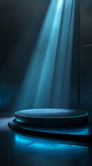 Round podium pedestal in the room with blue light beams