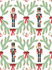 Nutcracker, fir branch and Christmas ball seamless pattern. Merry Christmas, New Year wallpaper.