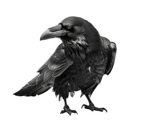 Fototapeta premium Black raven with detailed feathers, isolated on white.