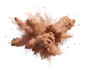 Brown dust explosion with cloud and particles, isolated on white.
