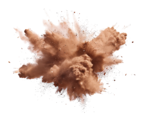 Brown dust explosion with cloud and particles, isolated on white.