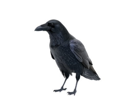 Black raven with detailed feathers, isolated on white.