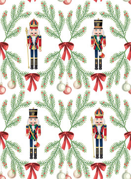 Nutcracker, fir branch and Christmas ball seamless pattern. Merry Christmas, New Year wallpaper.
