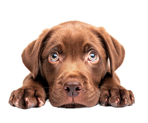 Cute puppy with head resting on paws, isolated on white.