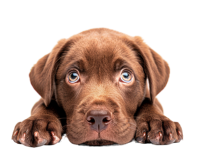 Cute puppy with head resting on paws, isolated on white.