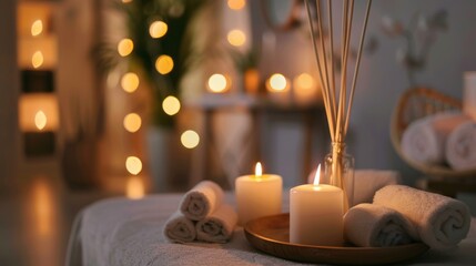 Candles burning and an aromatic reed freshener on a table in a spa salon, with space for text.