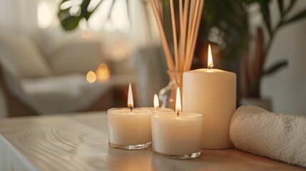 Candles burning and an aromatic reed freshener on a table in a spa salon, with space for text.