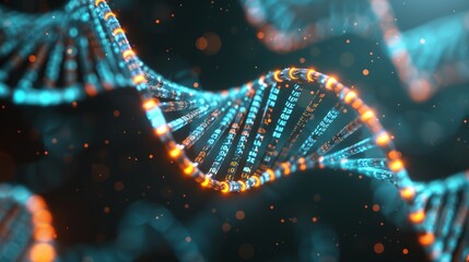 Human DNA helix integrated with digital interfaces and bioinformatics data, deep analysis, futuristic biotech, genetic innovation