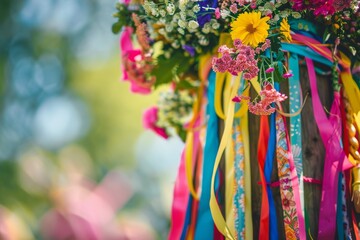Fototapeta premium A stunning close-up of a midsummer maypole, adorned with an array of colorful ribbons and fresh flowers. The intricate details of the decorations shine in the light.