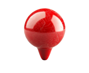 image of a red map pin icon, shiny and reflective, with a subtle map texture on the surface.