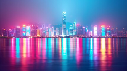 Illuminated cityscape at night, skyscrapers glowing with radiant light, sleek modern architecture, vivid neon reflections in dark water, focus cover all object, deep dept of field