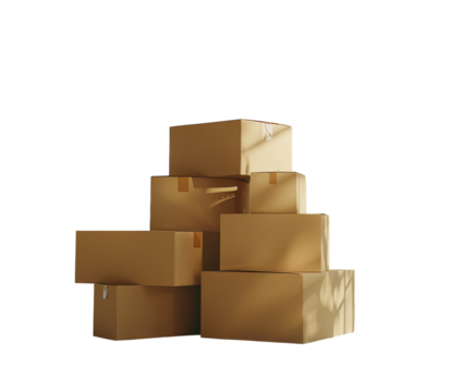Stack of cardboard boxes in various sizes, isolated on white.
