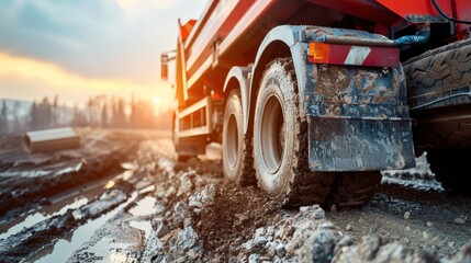 Mud Spattered Dump Truck Tire in a Construction Site During Sunset