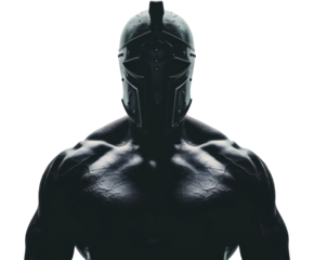 Black Spartan warrior statue with helmet on white background..