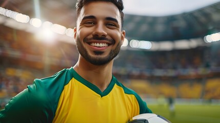 Portrait smiling football player in a green Jersey while standing in football stadium
