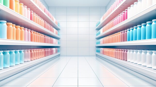 Inside a bright grocery store, shelves packed with a wide variety of colorful products, inviting and dynamic